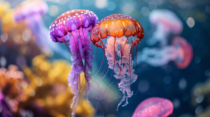 Colorful jellyfish floating in water