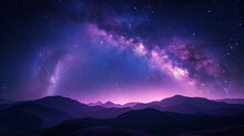 Fantastic Night Landscape With Bright Arched Milky Way, Purple Sky With Stars, Pink Light And Hills. Beautiful Scene With Universe. Galaxy And Nature