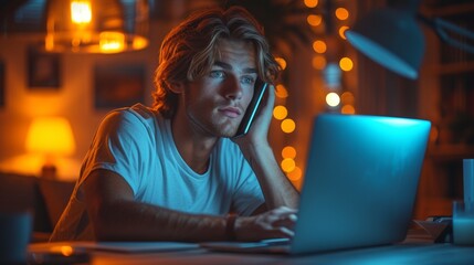 Wall Mural - An inspiring shot showing a young businessman using a laptop and talking on his phone during a late-night work session.