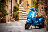 Fototapeta Fototapeta uliczki - Picturesque view of a blue scooter parked on the narrow streets of a charming Italian town, highlighting the unique character of the surroundings