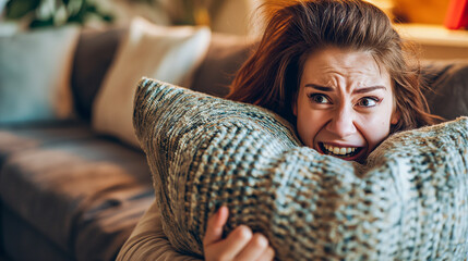 A cute young woman hugging a pillow on the couch, her expression a blend of excitement and slight fear, in a cozy home setting