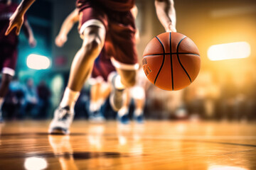 A young male basketball player dribbling the ball on basketball court in action.