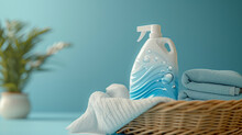 Mockup Of A Fresh And Clean Detergent Bottle With A Wave And Bubble Design And A Cap, Containing A Liquid And Effective Product, Placed On A Laundry Basket With A Towel And A Sock On A Blue Background
