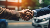 Fototapeta  - Close up hand of Customer shake hand with auto insurance agents after agreeing to terms of insurance with blurred car on background.