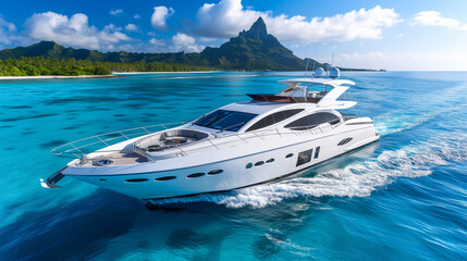 Wall Mural - A luxury white yacht traveling on the blue ocean, with a tropical island and mountain in the background under a clear sky. Ai generative