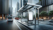 Urban bus stop with blank billboard for advertising, modern cityscape background. Marketing concept. Generative AI