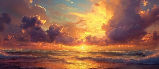 Poster - Gorgeous sunset casts golden hues on sea amidst breathtaking cloudscape.