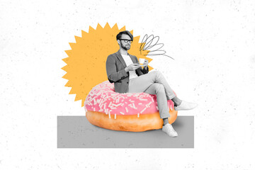 Sticker - Creative drawing collage picture of funny gentleman sitting doughnut coffee tea cup enjoy breakfast freak bizarre unusual fantasy billboard