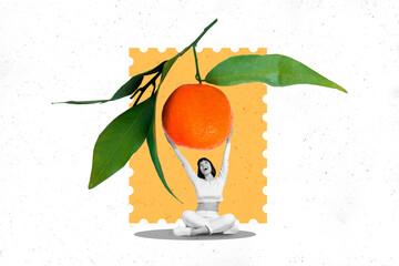 Poster - Collage picture banner of cheerful positive girl raise huge sweet orange isolated on white background