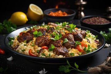 Wall Mural - The concept of middle East cuisine. Assorted Uzbek food set, pilaf, samsa, lagman, manti, shurpa eastern restaurant concept, Uzbek food. pilaf or plov from lamb served in cast iron cookware.