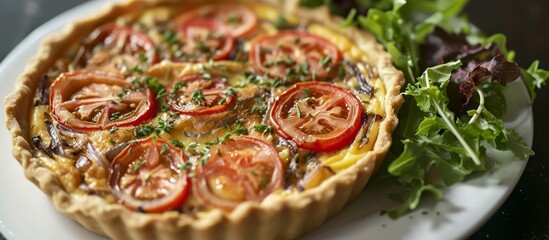 Sticker - Savory quiche containing homemade crust, caramelized onion, and fresh tomato slices, accompanied by a side of salad.