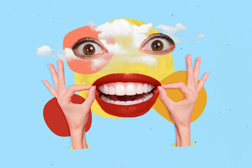 Wall Mural - Collage picture of face pieces arms fingers hold beaming smile mouth red lips eyes clouds sky look watch isolated on blue background