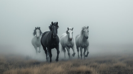 Wall Mural - Wild horses trotting in the mist