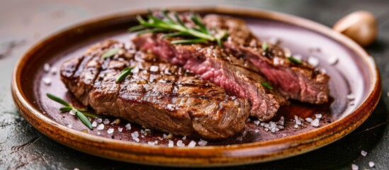 Wall Mural - Grilled medium rare Ribeye steak with garlic on a rustic plate.