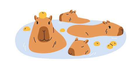 Poster - Cute capybaras bathing, Happy funny capy characters swimming in water. Lazy animals, adorable sweet capibaras relaxing. Childish kids flat vector illustration isolated on white background