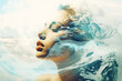 Double exposure of a beautiful woman and wave. Relaxation, meditation concept