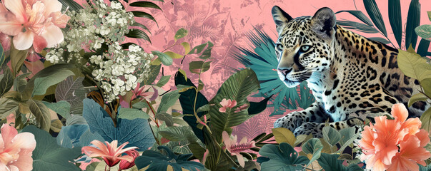 Wall Mural - Exotic plant, flower and leopard on pink background. Art collage. Jungle wildlife banner