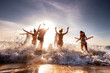 © cppzone - Large group of happy young friends are having fun and runs to swim at sunset sea beach. Tropical vacations concept