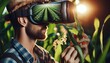 photography of virtual reality (VR) headset being used for farming, immersive technology. farming or cultivating or plant background. no typograph
