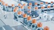 Rows of Glass Vials with Orange Caps on Conveyor Belt at Modern Pharmaceutical Factory. Vaccine Production Process. Medication Manufacturing Process. Medical Ampoule Production Line.