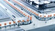 Medication Manufacturing Process. Glass Vials with Orange Caps on Conveyor Belt. Medical Ampoule Production Line at Modern Pharmaceutical Factory. Vaccine Production Facility.