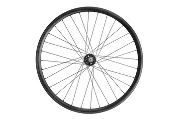 Photo of a black bicycle wheel. Spare parts for transport