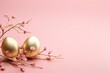 golden easter eggs with a spring branch on pastel pink background copy space right