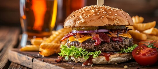 Wall Mural - Double smash burger with cheese, lettuce, onion, dressing, fries, and cold beer on a cutting board