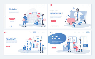 Aufkleber - Medicine web concept for landing page in flat design. Medical services, healthcare programs, pharmacy and online drugstore, clinic center. Vector illustration with people characters for homepage
