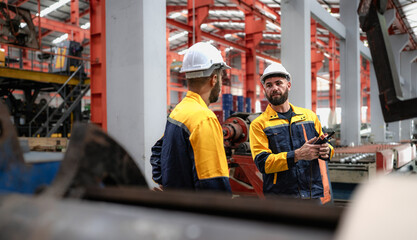 Wall Mural - Industrial engineer in safety helmet uniform jacket working in heavy steel engineering factory. Technician manager, Latin worker examining machine maintenance in metalwork product facility workplace