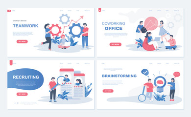 Fototapete - Office teamwork web concept for landing page in flat design. Colleagues brainstorming and collaboration, coworking space, recruiting process. Vector illustration with people characters for homepage