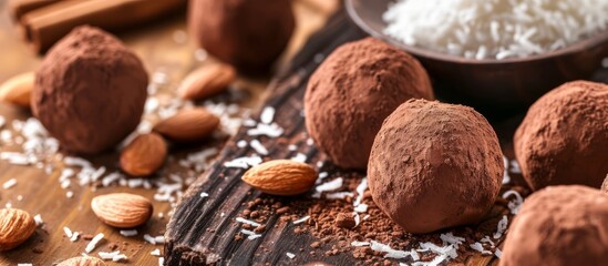 Wall Mural - Truffled confections made with almonds, cocoa, and coconut displayed on a wooden surface.