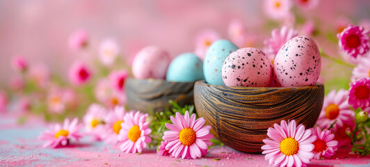 Wall Mural - Easter holiday celebration banner greeting card banner with easter eggs and flowers on a pink background