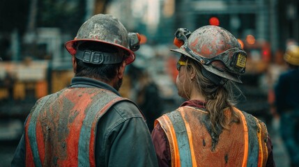 Construction workers wearing dirty safety vests and hard hats on a busy outdoor construction site.