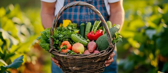 A farmer holds a vegetable-filled basket in nature, representing organic, homemade produce associated with bio products, bio ecology, and vegetarianism.