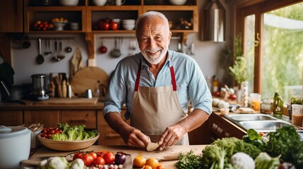 Wall Mural - Happy senior gray-haired man dishes and salads in the kitchen. The concept of retirement, people with hobbies, a healthy lifestyle.