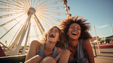 Fototapeta Konie - Two young women lying on a pier with a bright Ferris wheel in the background, making playful faces and shapes with their hands, embodying joy and carefree spirits