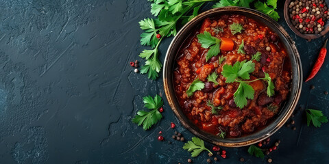 Wall Mural - Classic Chili Con Carne in Rustic Bowl. Hearty bowl of chili con carne garnished with fresh parsley, spices and a chili pepper, on dark background.