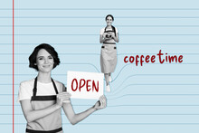 Pinup Retro Mockup Advert Collage Of Two Self Employed Ladies Open New Coffee Shop Welcome Drink Aromatic Beverage