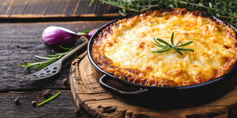 Wall Mural - Golden-Baked Moussaka with Rosemary Garnish. Close-up of traditional Greek moussaka with cheese topping, garnished with fresh rosemary.