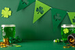 Leprechaun day motif: side view photo of beer vessels, shamrock plants, gold currency, pot of fortune, lucky horseshoe, beads, and flag ribbon on a verdant field