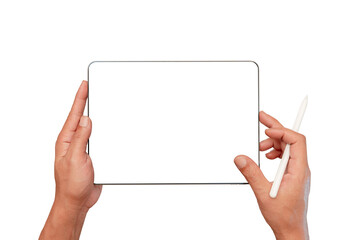 Man's hand with a blank screen digital tablet and pen. drawing activity. writing script. website searching and learning education.