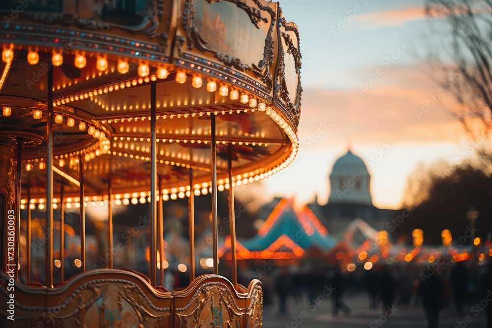 Colorful amusement park. Merry go round, circus and funfair carousels ...