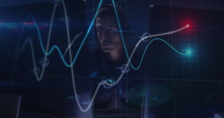 Poster - Image of data processing over caucasian male hacker