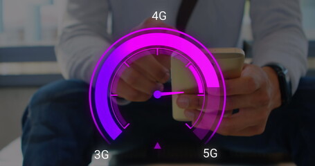 Sticker - Image of purple speedometer over hands of caucasian businessman using smartphone