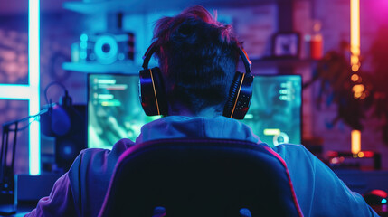 A man playing computer game, multi-colored lights, RGB, headphones and keyboard with backlight, gaming gears, ultrawide banner cover background for ads. game streaming