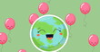 Image of balloons and happy globe on green background