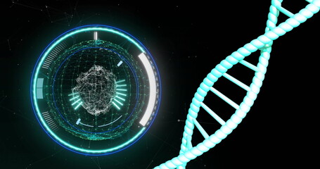 Poster - Image of dna strand spinning with data processing over black background