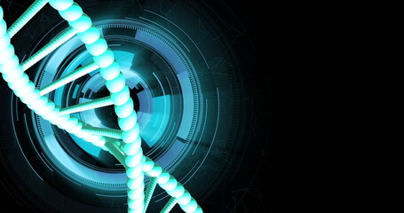 Sticker - Image of dna strand spinning with data processing over black background