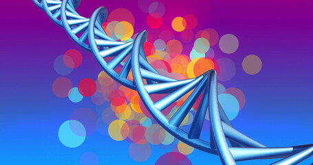 Poster - Image of dna strand spinning over glowing spots lights on blue background